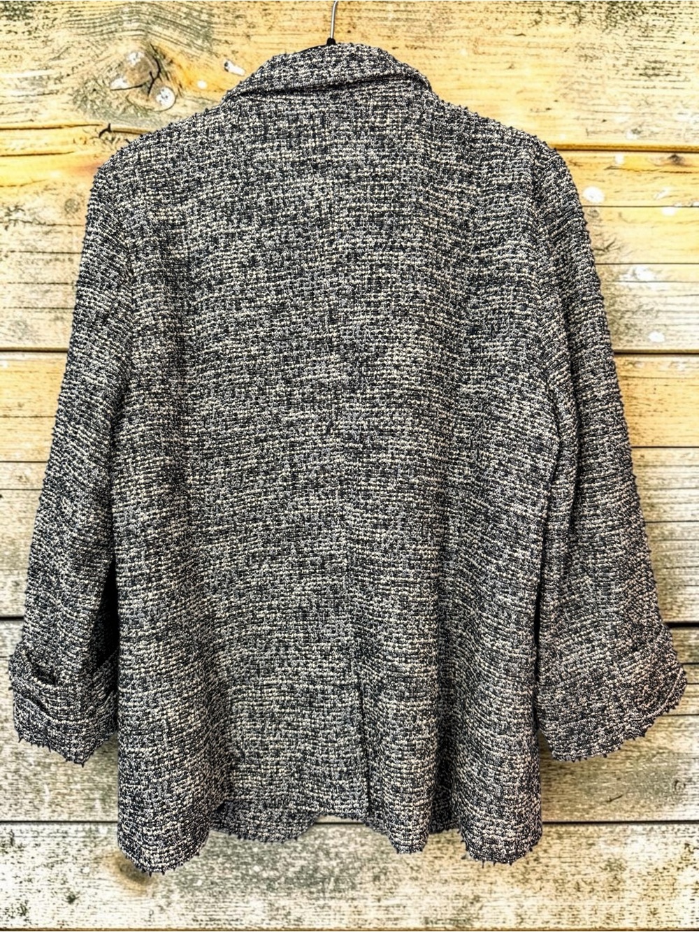NWT Skies Are Blue Tweed Blazer L Navy Cream Boucle Frayed Hem Chanel-Style - Picture 8 of 8